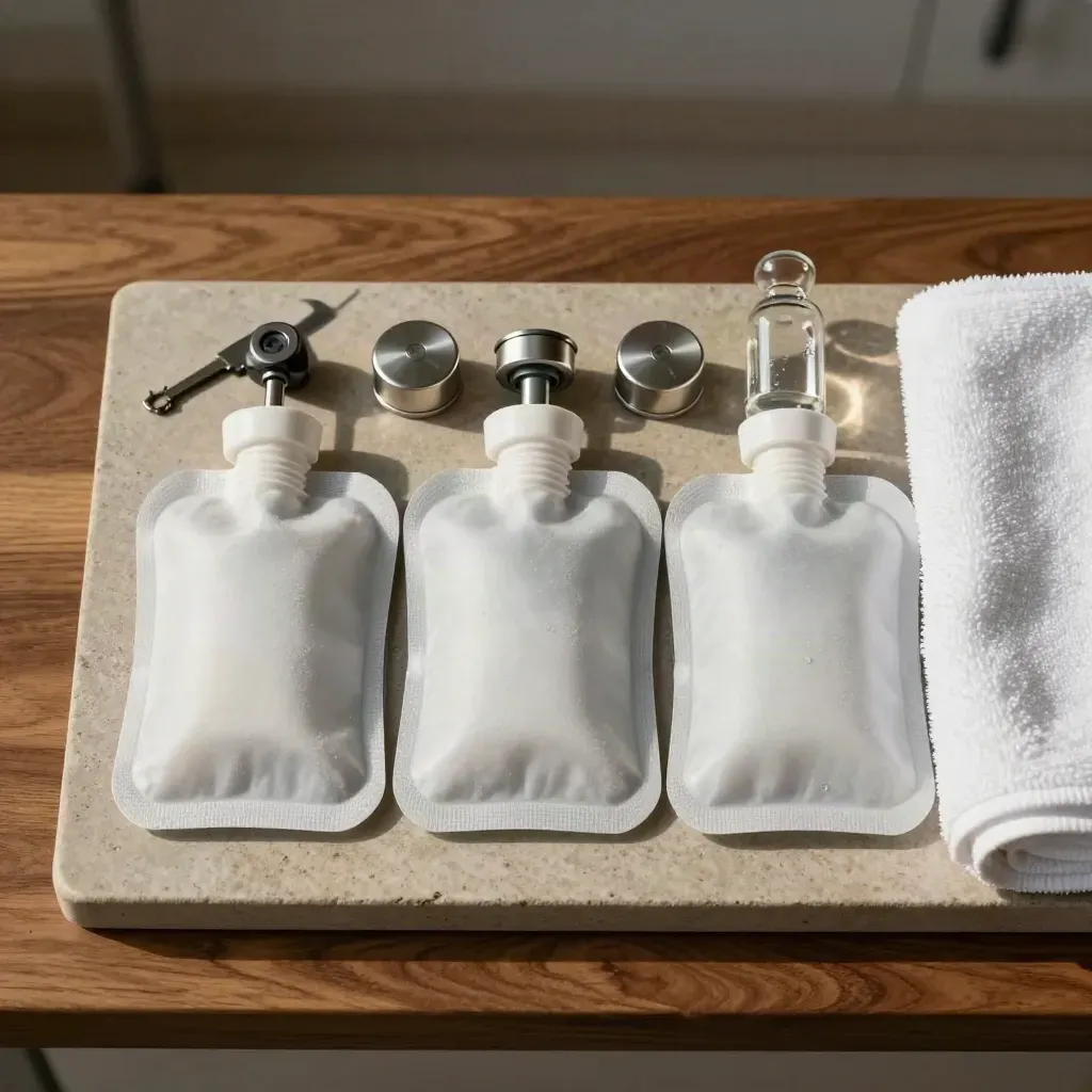 Kälte-Set mit drei Kühlpacks, Timern und Glasvial auf Steinplatte