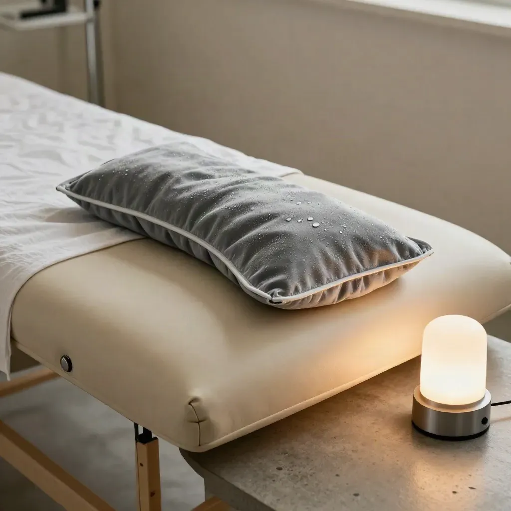 Kühlbehandlungs-Ecke mit Lendenstütze, Cold Pack und Lampe im frischen Kliniklicht