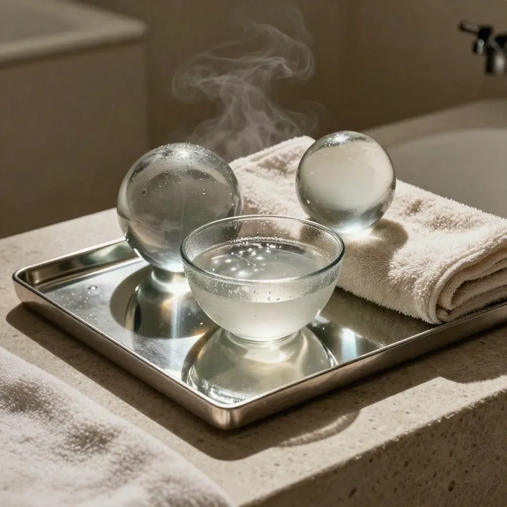 Kühlendes Beauty-Set mit Serum, Tuch und Glasbowl auf einem Spiegeltablett.