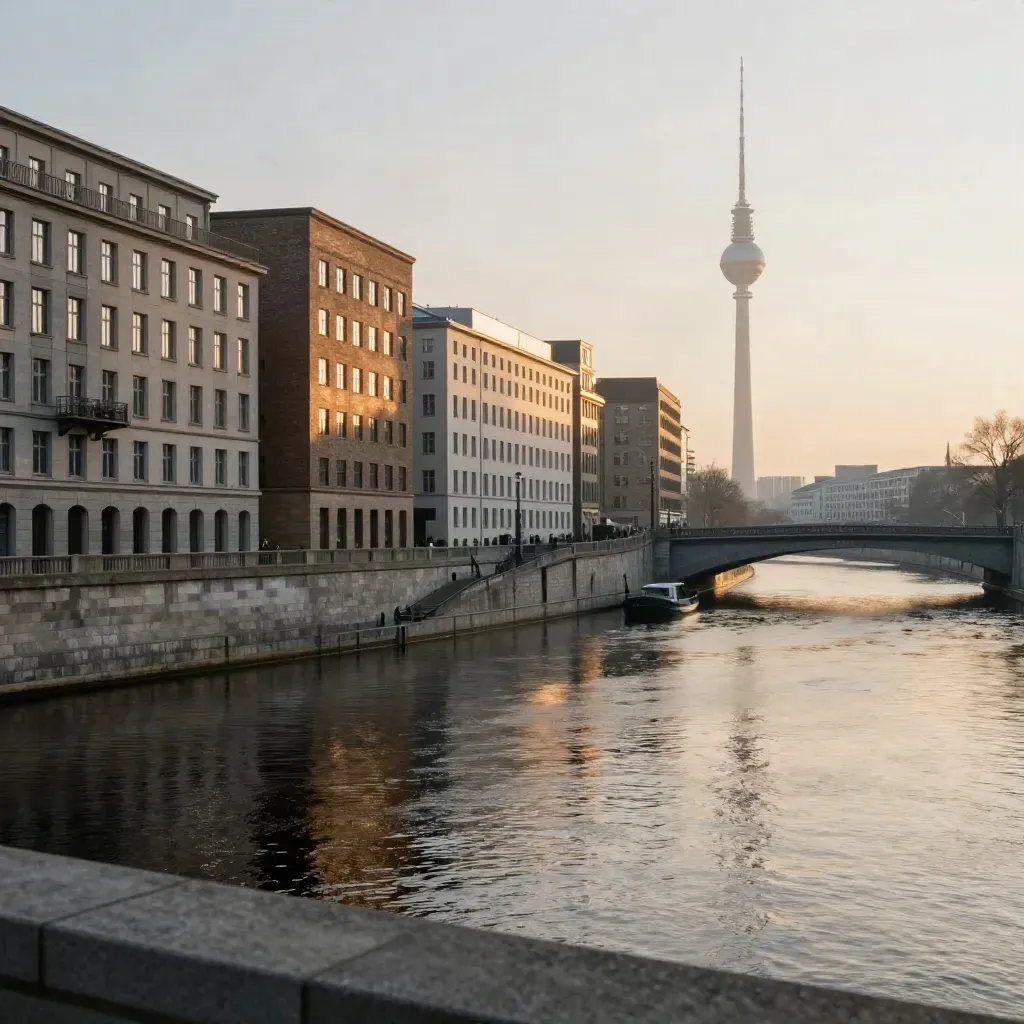 Berlin-Mitte an der Spree im Abendlicht, Fernsehturm hoch im Dunst, Wasser ruhig im Vordergrund.